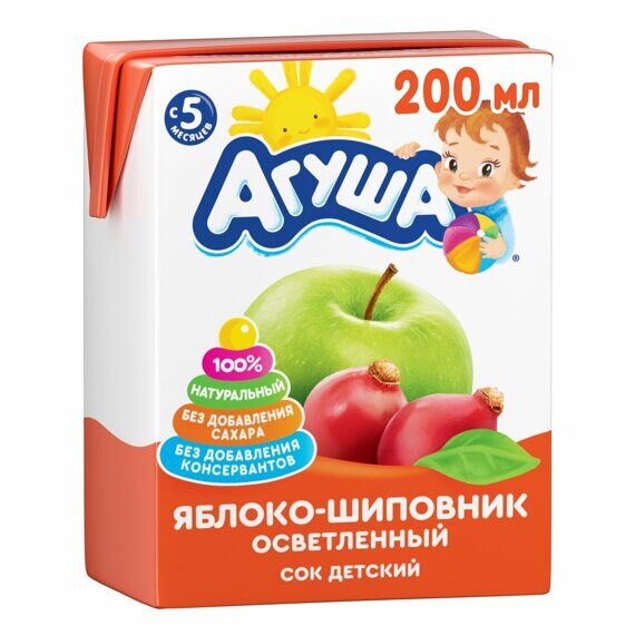 Сок Агуша яблоко-шиповник осветленный 0.2л с 5месяцев Сок Агуша яблоко-шиповник осветленный 0.2л с 5месяцев